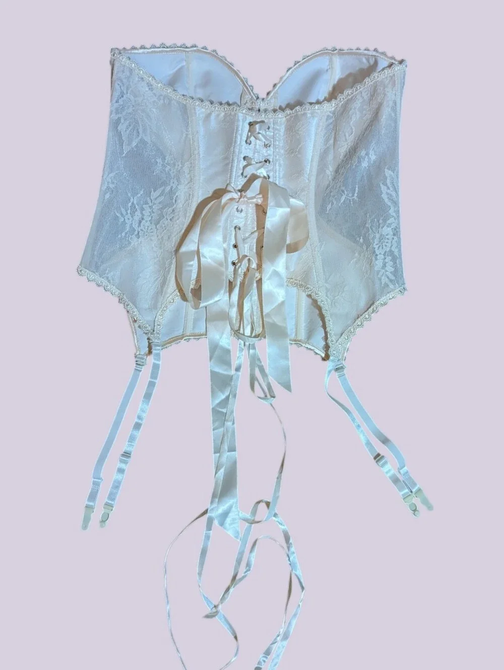 New Ivory Lace Strapless Boned Corset Bustier Satin Ribbons Garters Sexy Sz 1x